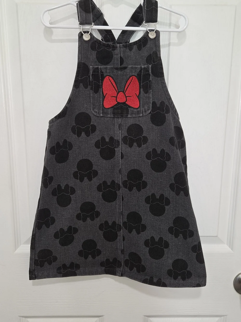 Disney Collection Minnie Mouse Gray Denim Jumper Dress Red Bows Size 6X SEE PICT